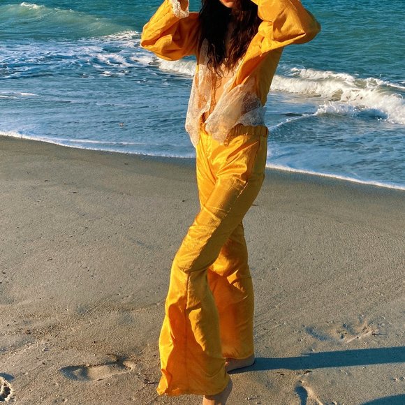 Vintage Mustard Gold High Waist Flare Pants Set